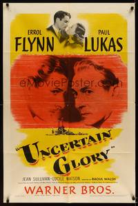 8w910 UNCERTAIN GLORY 1sh '44 art of French Errol Flynn face-to-face with Nazi Paul Lukas!
