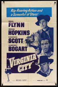 8w928 VIRGINIA CITY 1sh R51 art of Errol Flynn, Humphrey Bogart & Randolph Scott, + sexy Hopkins!