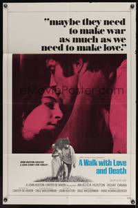 8w935 WALK WITH LOVE & DEATH int'l 1sh '69 John Huston, Anjelica Huston romantic close up!