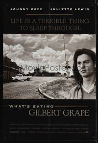 8w946 WHAT'S EATING GILBERT GRAPE 1sh '93 huge close up of Johnny Depp in small town!