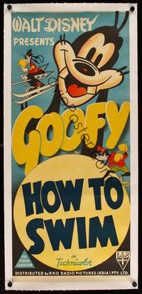 8x044 HOW TO SWIM linen Aust daybill '42 Disney, great images of Goofy skiing & boxing too!