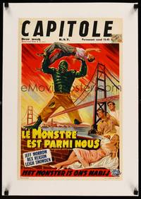 8x198 CREATURE WALKS AMONG US linen Belgian '56 art of monster attacking by Golden Gate Bridge!