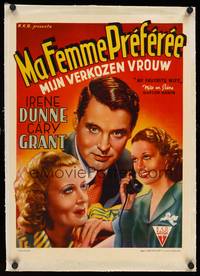 8x209 MY FAVORITE WIFE linen Belgian '47 different art of Cary Grant, Irene Dunne & Gail Patrick!