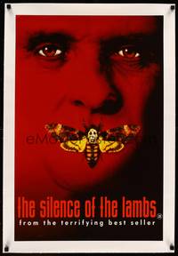 8x041 SILENCE OF THE LAMBS linen teaser English double crown '90 c/u of Hopkins w/moth over mouth!