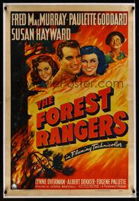 8x319 FOREST RANGERS linen 1sh '42 art of Fred MacMurray, Paulette Goddard & Susan Hayward in blaze!