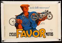 8x083 FAVOR CYCLES & MOTOS linen French 15x24 '37 art of man holding motorcycle & bike by Bellenger