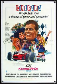 8x331 GRAND PRIX linen Cinerama 1sh '67 Formula One race car driver James Garner, art by Terpning!