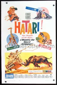 8x342 HATARI linen 1sh '62 John Wayne, Howard Hawks, great artwork images of Africa!