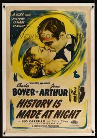 8x348 HISTORY IS MADE AT NIGHT linen 1sh R48 wonderful kiss c/u of Charles Boyer & Jean Arthur!
