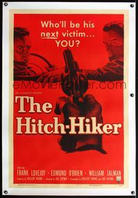 8x349 HITCH-HIKER linen 1sh '53 classic POV image of hitchhiker in back seat pointing gun at front!