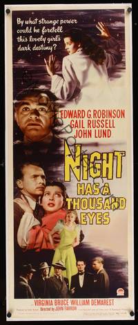 8x018 NIGHT HAS A THOUSAND EYES linen insert '48 Edward G. Robinson is a true clairvoyant!