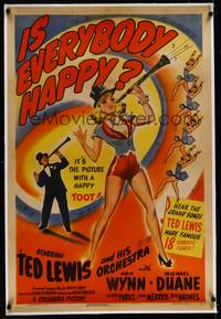8x357 IS EVERYBODY HAPPY linen 1sh '43 bio of jazz musician Ted Lewis, art of sexy babe w/clarinet!