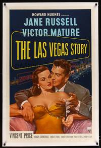 8x367 LAS VEGAS STORY linen 1sh '52 Victor Mature romances sexy Jane Russell & gives her jewelry!