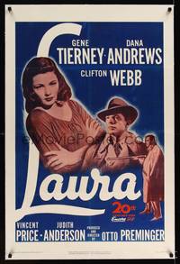 8x369 LAURA linen 1sh R52 Dana Andrews lusts after sexy Gene Tierney, Vincent Price, Otto Preminger