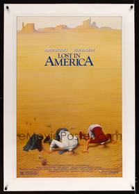 8x374 LOST IN AMERICA linen 1sh '85 Lettick art of Albert Brooks & Julie Hagerty w/heads in sand!