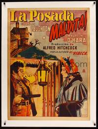 8x052 JAMAICA INN linen Mexican poster '39 Hitchcock, art of Laughton pointing gun at O'Hara!