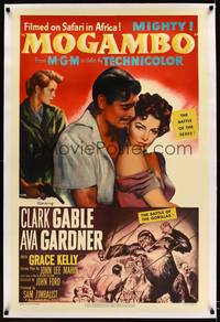 8x390 MOGAMBO linen 1sh '53 Clark Gable with sexy Grace Kelly & Ava Gardner in Africa!