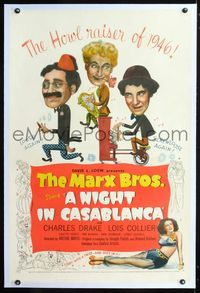 8x394 NIGHT IN CASABLANCA linen 1sh '46 wonderful art of The Marx Brothers, Groucho, Chico & Harpo!
