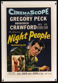 8x395 NIGHT PEOPLE linen 1sh '54 great close up of military soldier Gregory Peck in uniform!