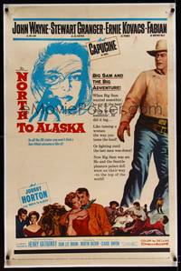 8x399 NORTH TO ALASKA linen 1sh '60 John Wayne & sexy Capucine in a fun adventure in the Yukon!