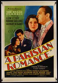 8x407 PARISIAN ROMANCE linen 1sh '32 Lew Cody, Marian Shilling & Gilbert Roland in love triangle!