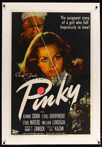 8x410 PINKY linen 1sh '49 Elia Kazan directed, Jeanne Crain, classic half-white/half-black image!