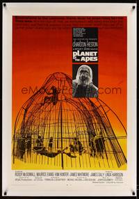 8x411 PLANET OF THE APES linen 1sh '68 Charlton Heston, classic sci-fi, cool art of caged humans!