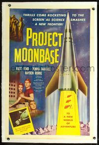 8x417 PROJECT MOONBASE linen 1sh '53 Robert Heinlein, cool art of rocket ship & wacky astronauts!