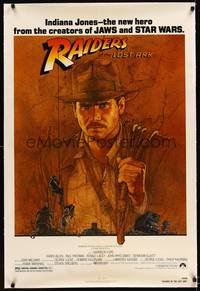 8x422 RAIDERS OF THE LOST ARK linen 1sh '81 great art of adventurer Harrison Ford by Richard Amsel!