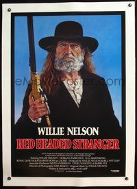 8x424 RED-HEADED STRANGER linen 1sh '86 great close up art of Willie Nelson with rifle by Tanenbaum!