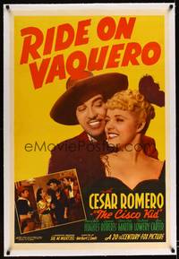 8x426 RIDE ON VAQUERO linen 1sh '41 c/u of Mary Beth Hughes & Cesar Romero as the Cisco Kid!