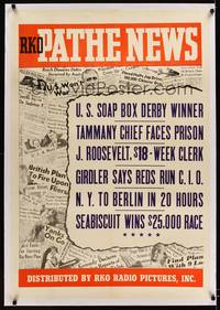 8x428 RKO PATHE NEWS linen 1sh '40 Seabiscuit wins $25,000, NY to Berlin in 20 hours & more!