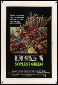 8x451 SOYLENT GREEN linen 1sh '73 art of Charlton Heston trying to escape riot control by Solie!