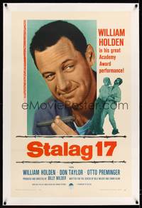 8x453 STALAG 17 linen 1sh R59 huge different close up of William Holden, Billy Wilder WWII classic!