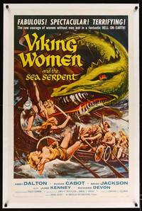 8x484 VIKING WOMEN & THE SEA SERPENT linen 1sh '58 art of sexy female warriors attacked on ship!
