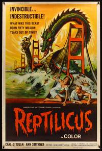 8y127 REPTILICUS 40x60 '62 indestructible 50 million year-old giant lizard destroys bridge!