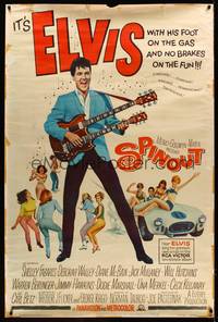 8y133 SPINOUT 40x60 '66 Elvis playing double-necked guitar, foot on the gas & no brakes on the fun!