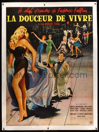 8y155 LA DOLCE VITA linen French 1p '61 Federico Fellini, art of Mastroianni & sexy Ekberg by Thos!