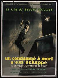 8y156 MAN ESCAPED linen style B French 1p R50s Robert Bresson prison escape classic, art by Hurel!