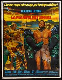 8y157 PLANET OF THE APES linen French 1p '68 art of enslaved Charlton Heston by Jean Mascii!