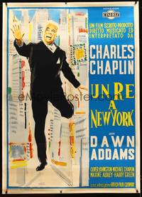 8y195 KING IN NEW YORK linen Italian 1p '57 completely different full-length art of Charlie Chaplin
