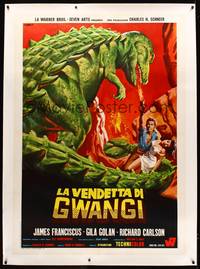 8y205 VALLEY OF GWANGI linen Italian 1p '69 cool different art of man & woman w/dinosaur by Franco!