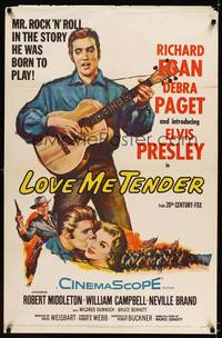 8y095 LOVE ME TENDER 1sh '56 1st Elvis Presley, great images with Debra Paget & with guitar!