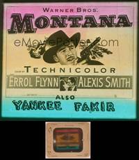 8z127 MONTANA glass slide '50 artwork of cowboy Errol Flynn pointing gun, Alexis Smith