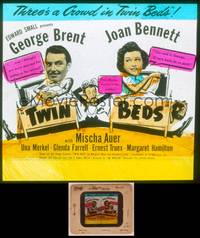 8z144 TWIN BEDS glass slide '42 wacky artwork of George Brent, Joan Bennett & Mischa Auer!