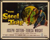 9a681 STEEL TRAP 1/2sh '52 art of Joseph Cotton & Teresa Wright stealing a million dollars!