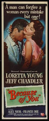9b056 BECAUSE OF YOU  insert '52 Jeff Chandler can't forgive Loretta Young for THIS mistake!