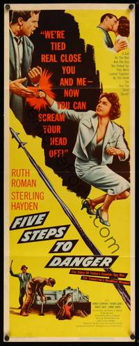 9b175 FIVE STEPS TO DANGER  insert '57 great artwork of Sterling Hayden handcuffed to Ruth Roman!