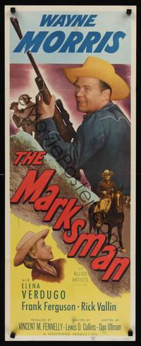 9b335 MARKSMAN  insert '53 great close up of Wayne Morris holding rifle & on horse + Elena Verdugo!