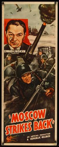 9b354 MOSCOW STRIKES BACK  insert '42 WWII documentary, cool art of soldiers, Edward G. Robinson!